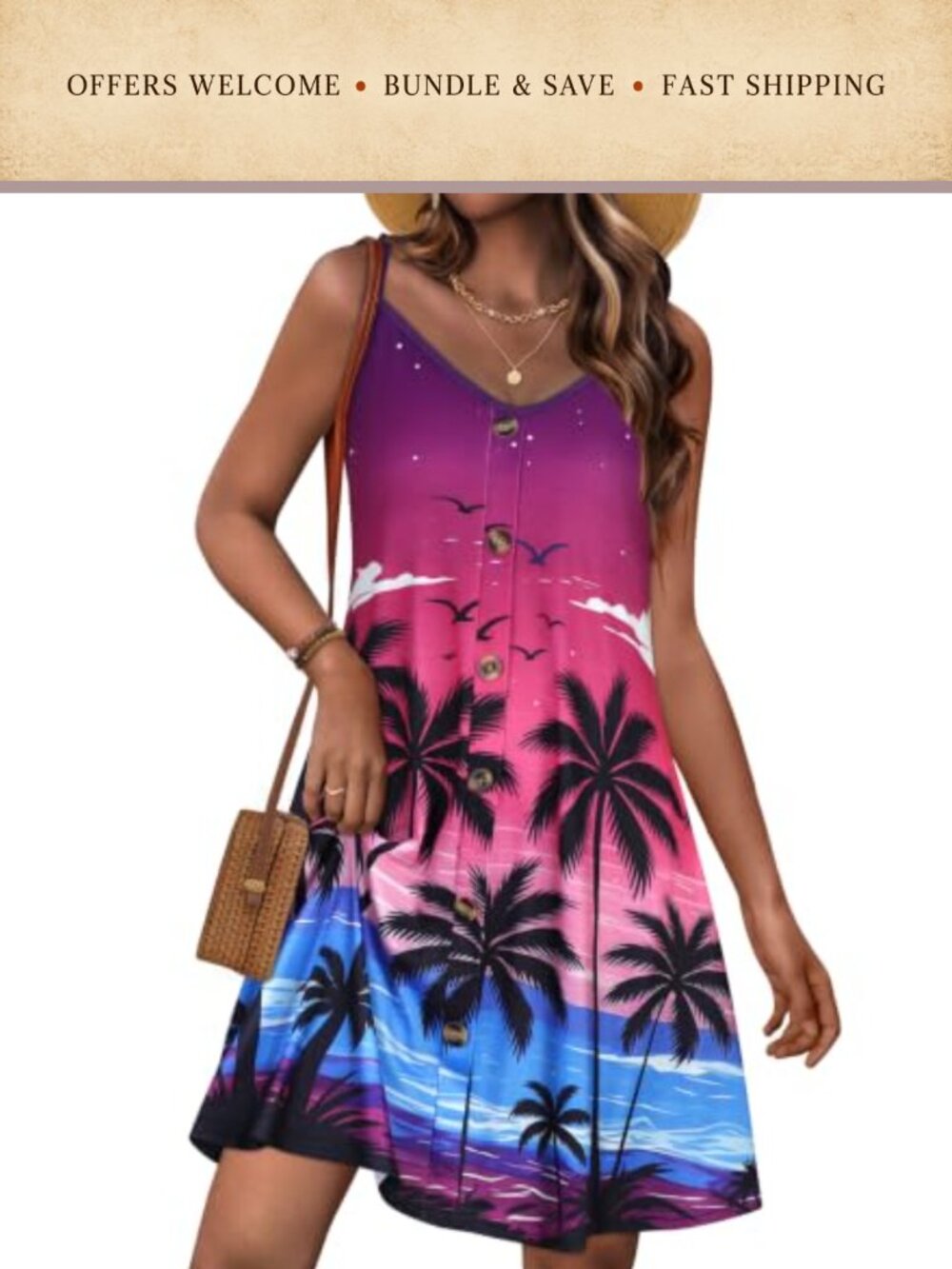 Womens Summer Dress Spaghetti Strap Button Down Sundress with Pockets